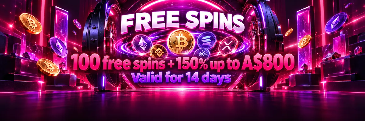 Wide futuristic casino banner showing floating blockchain coins and an illuminated reward panel focused on 100 free spins and a 150% bonus up to A$800.
