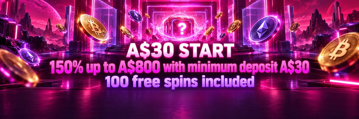 Wide dark digital banner with a glowing payment-style reward console, floating cryptocurrency logos and a 150% bonus up to A$800 with 100 free spins.